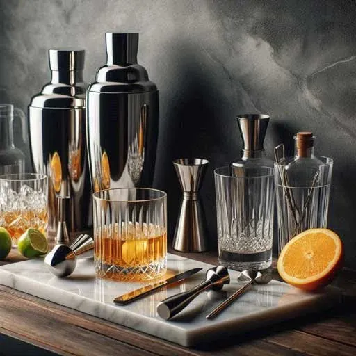 Professional barware tools and glassware for home mixology setup